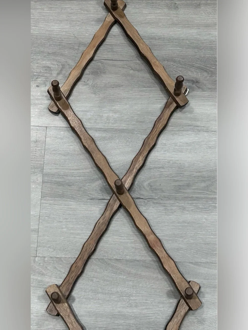 Vintage Dark Wood Accordion Wall Rack - Expandable Peg Rack - 10 Pegs - 50” Max